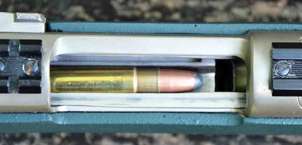 For obvious reasons, the .411-284 will not enter the .338-06 chamber of Layne’s custom rifle on the Mauser 1898 action, but the cartridge feeds smoothly from its magazine.